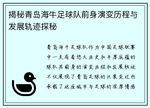 揭秘青岛海牛足球队前身演变历程与发展轨迹探秘