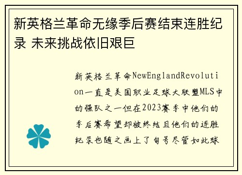 新英格兰革命无缘季后赛结束连胜纪录 未来挑战依旧艰巨